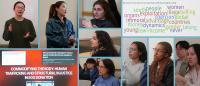 Collage of students presenting and reacting in a classroom along with slide images of a word cloud and a slide with text, "Commodifying the Body"